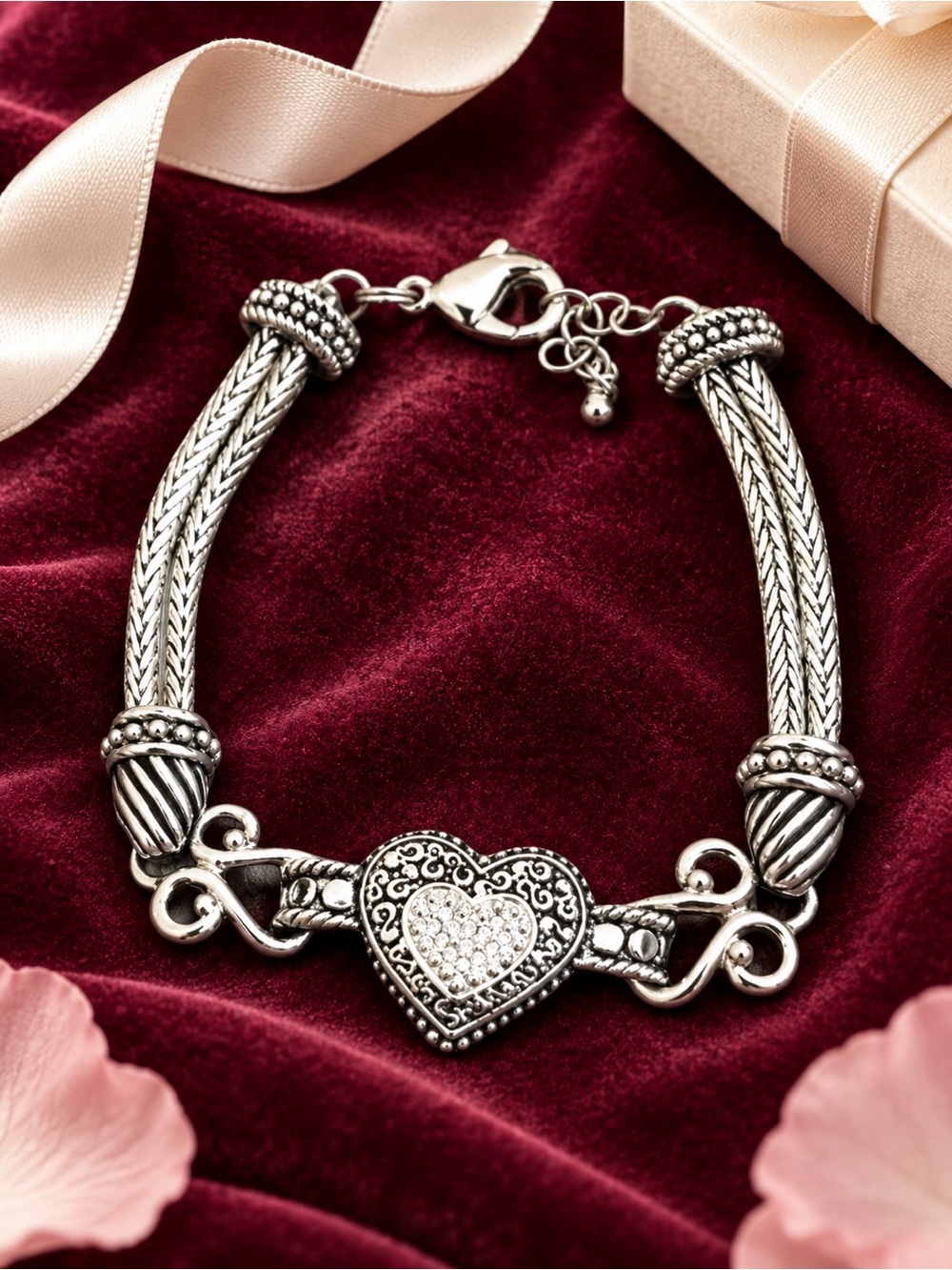 LIA SOPHIA BRACELET with rhinestone HEART silver tone non tarnish
